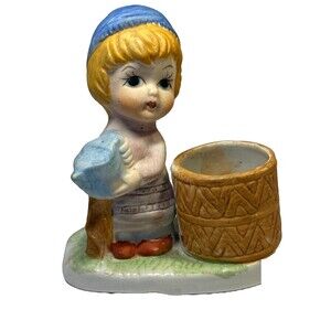 Vintage Japan Bisque Figurine Girl with Barrel Toothpick or Match Holder – 1950s